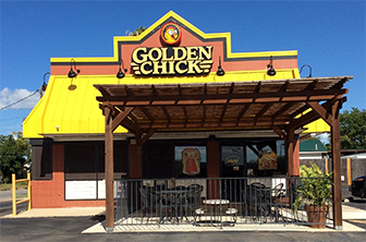 Golden Chick storefront.  Your local Golden Chick fast food restaurant in Pearsall, Texas