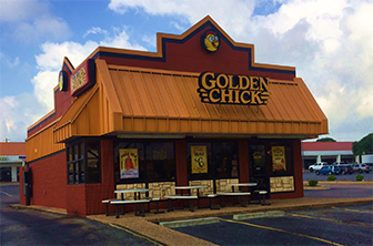 Golden Chick storefront.  Your local Golden Chick fast food restaurant in Austin, Texas