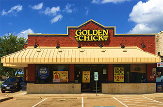Golden Chick storefront.  Your local Golden Chick fast food restaurant in North Richland Hills, Texas